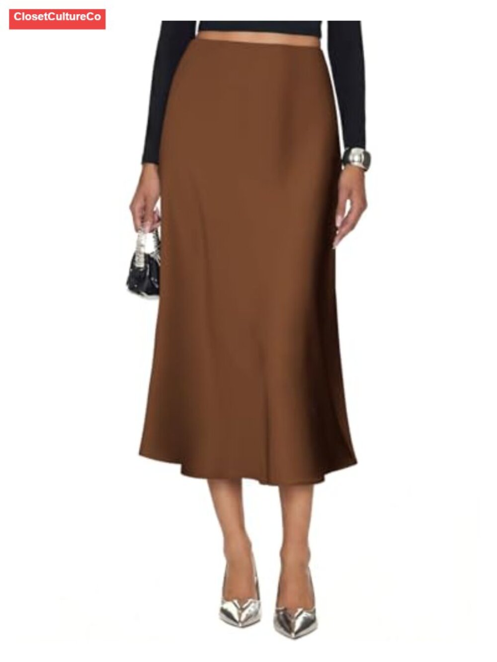 Silk Satin Midi Skirt High Waisted A-Line Flared Hem